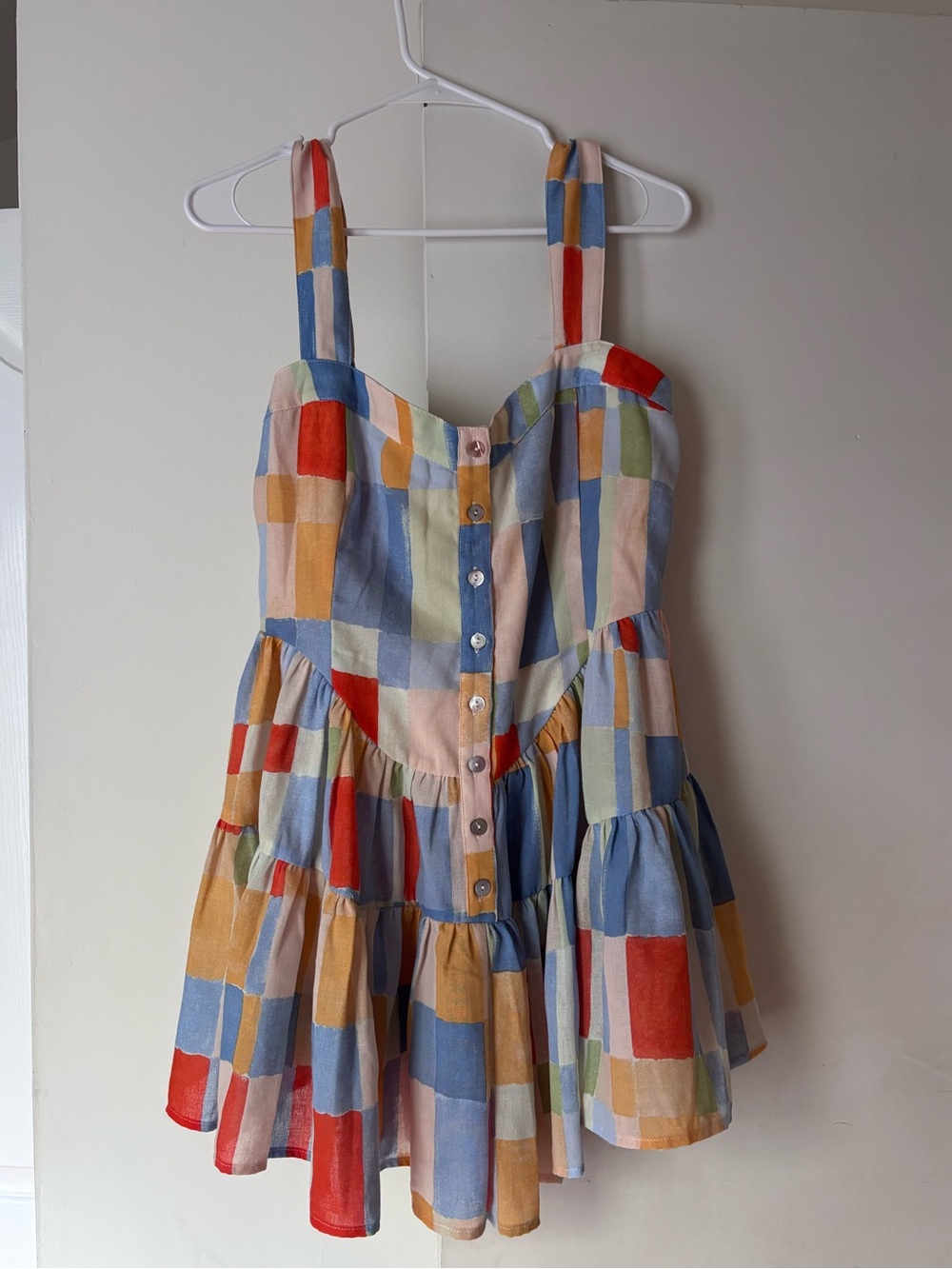 Promesa Multicolor Patchwork Mini Dress - Blue, Orange, Yellow, Cream